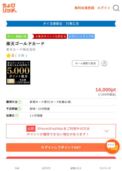 楽天ゴールドカードの過去最高画像（ちょびリッチ・2026年4月30日）