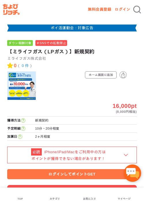 【ミライフガス（LPガス）】新規契約の過去最高画像（ちょびリッチ・2026年4月30日）