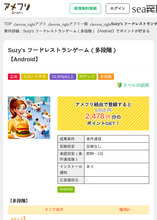Suzy's フードレストランゲーム（多段階）【Android】の掲載記録画像（アメフリ・2026年7月8日）