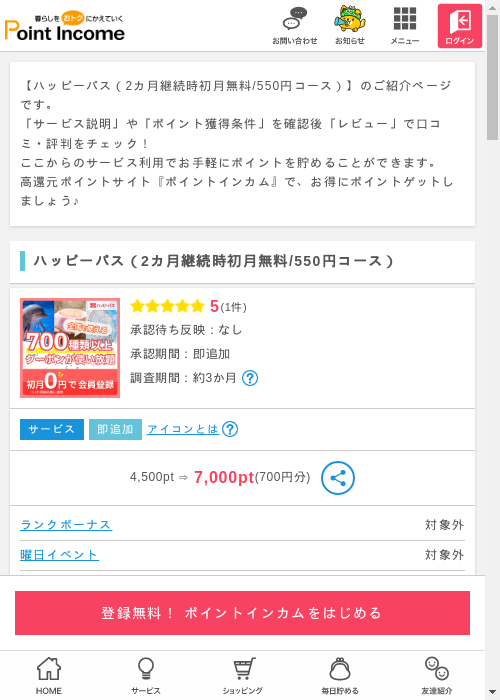 ハッピーパス(2カ月継続時初月無料/550円コース)の過去最高画像(ポイントインカム・2026年3月9日)