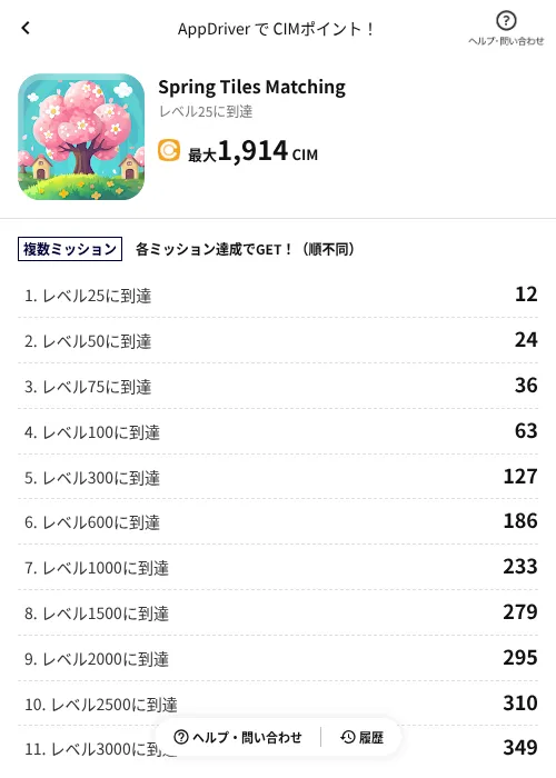 Spring Tiles Matchingの掲載記録画像（COINCOME（AppDriver）・2026年6月20日）