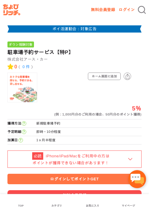 駐車場予約サービス【特P】の過去最高画像（ちょびリッチ・2026年4月30日）