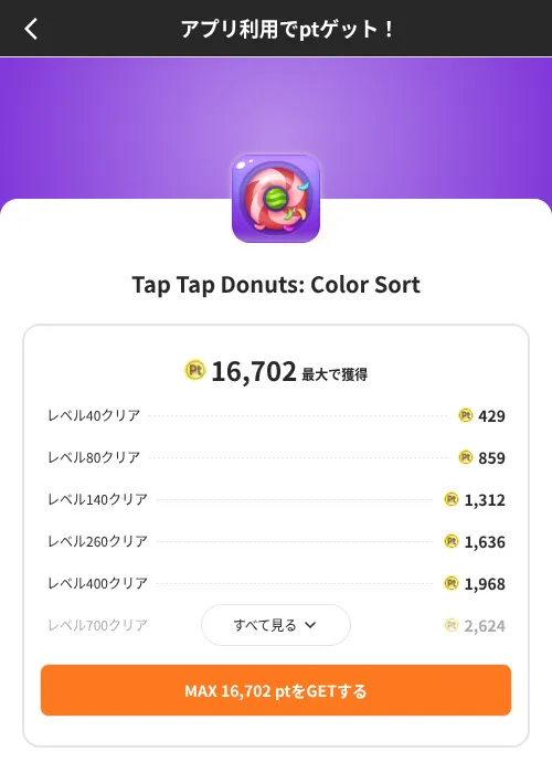 Tap Tap Donuts: Color Sortの掲載記録画像(ポイントインカム(SKYFLAG)・2026年8月9日)
