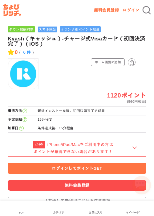 Kyash（キャッシュ）-チャージ式Visaカード（初回決済完了）（iOS）の過去最高画像（ちょびリッチ・2026年5月3日）