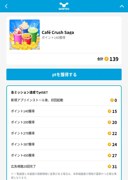 Café Crush Sagaの掲載記録画像（ワラウ（GF Rewards）・2026年6月19日）