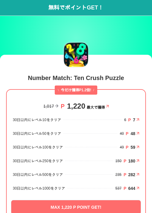 Number Match: Ten Crush Puzzleの過去最高画像（モッピー（SKYFLAG）・2026年6月16日）
