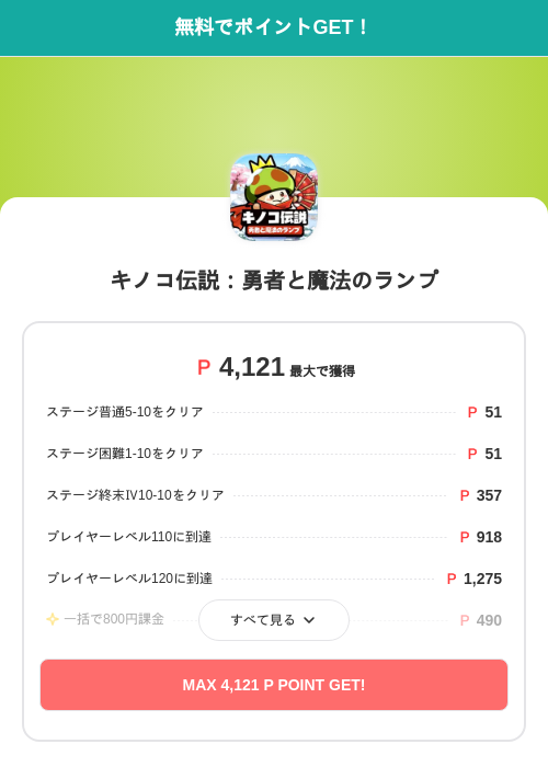 キノコ伝説：勇者と魔法のランプの過去最高画像（モッピー（SKYFLAG）・2026年5月17日）