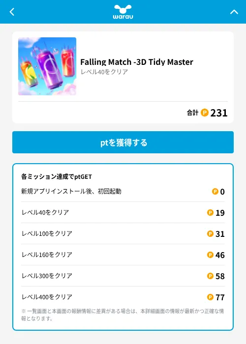 Falling Match -3D Tidy Masterの掲載記録画像（ワラウ（GF Rewards）・2026年6月19日）