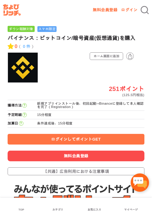 バイナンス：ビットコイン/暗号資産(仮想通貨)を購入の過去最高画像（ちょびリッチ・2026年5月3日）