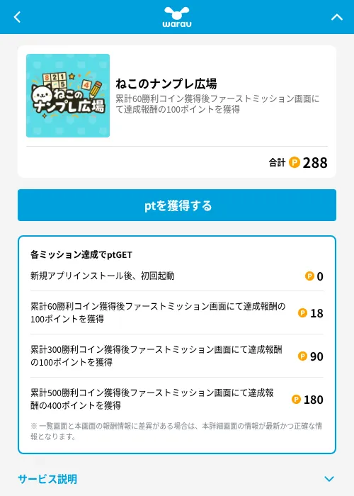 ねこのナンプレ広場の掲載記録画像(ワラウ(GF Rewards)・2026年6月19日)