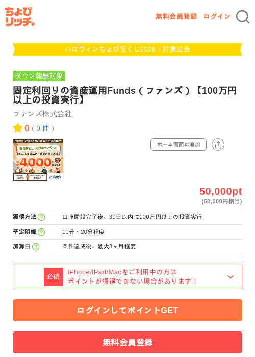 固定利回りの資産運用Funds(ファンズ)【100万円以上の投資実行】の掲載記録画像(ちょびリッチ・2026年10月1日)