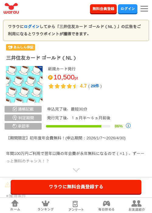 三井住友カード ゴールド Nの過去最高画像（ワラウ・2026年4月9日）