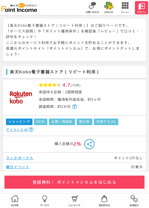 楽天koboの過去最高画像（ポイントインカム・2026年4月2日）
