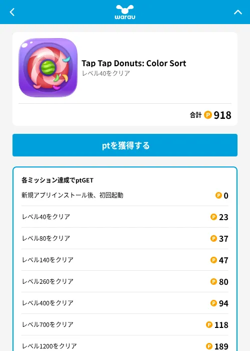Tap Tap Donuts: Color Sortの掲載記録画像（ワラウ（GF Rewards）・2026年6月19日）