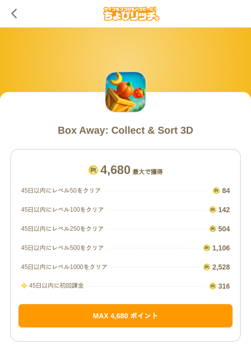 Box Away: Collect & Sort 3Dの過去最高画像（ちょびリッチ（SKYFLAG）・2026年5月18日）