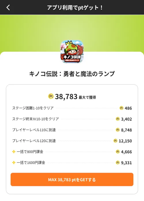 キノコ伝説:勇者と魔法のランプの掲載記録画像(ポイントインカム(SKYFLAG)・2026年8月9日)