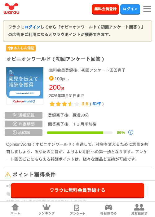 オピニオンワールド（初回アンケート回答）の過去最高画像（ワラウ・2026年4月8日）