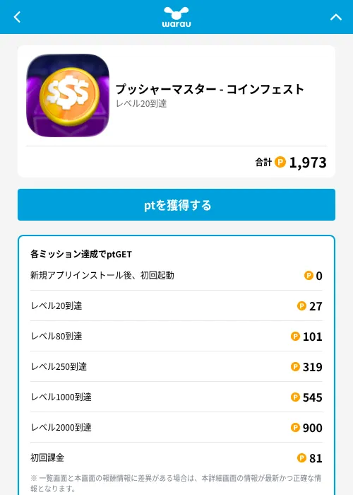 プッシャーマスター - コインフェストの掲載記録画像（ワラウ（GF Rewards）・2026年6月19日）