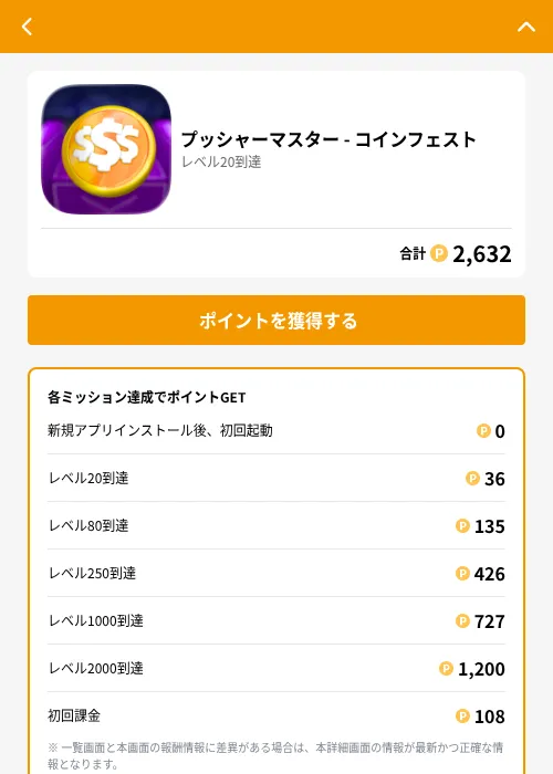 プッシャーマスター - コインフェストの掲載記録画像（GMOポイ活（GF Rewards）・2026年6月21日）