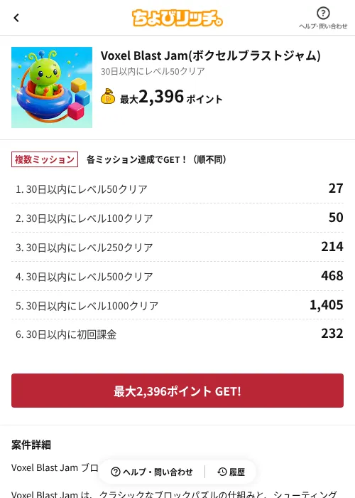 Voxel Blast Jam(ボクセルブラストジャム)の掲載記録画像（ちょびリッチ（AppDriver）・2026年6月22日）