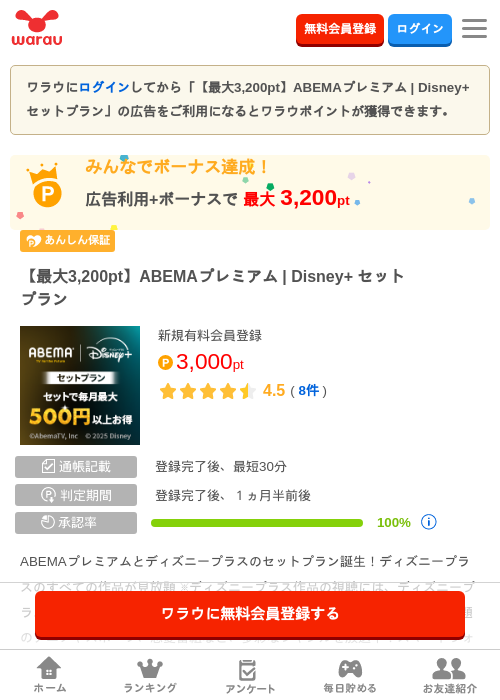 【最大3,200pt】ABEMAプレミアム | Disney+ セットプランの過去最高画像（ワラウ・2026年4月18日）