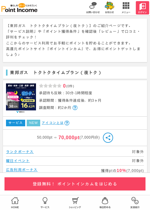 東邦ガス　トクトクタイムプラン（夜トク）の過去最高画像（ポイントインカム・2026年4月24日）