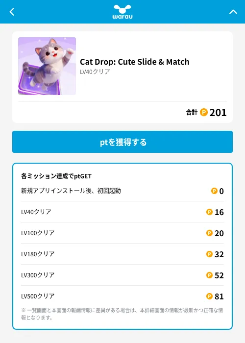 Cat Drop: Cute Slide & Matchの掲載記録画像（ワラウ（GF Rewards）・2026年6月19日）