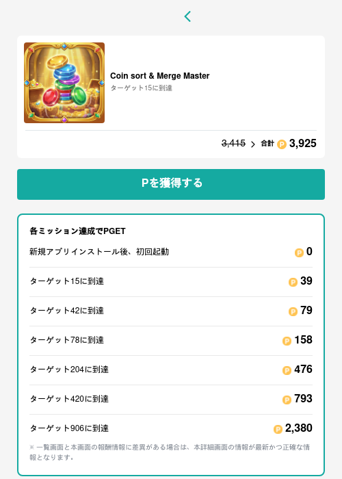 Coin sort & Merge Masterの過去最高画像（モッピー（GF Rewards）・2026年5月15日）
