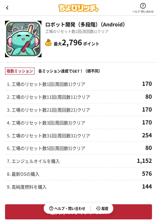 ロボット開発（多段階）（Android）の掲載記録画像（ちょびリッチ（AppDriver）・2026年6月13日）