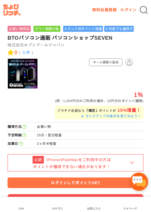 BTOパソコン通販 パソコンショップSEVENの過去最高画像（ちょびリッチ・2026年5月7日）