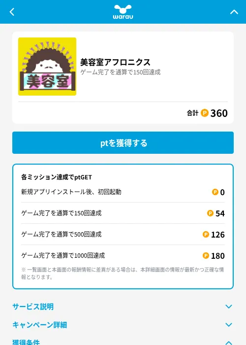 美容室アフロニクスの掲載記録画像(ワラウ(GF Rewards)・2026年6月19日)