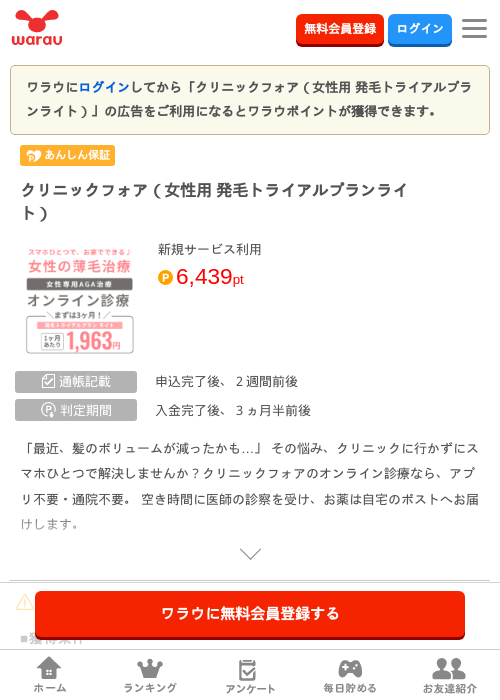クリニックフォア（女性用 発毛トライアルプランライト）の過去最高画像（ワラウ・2026年5月12日）