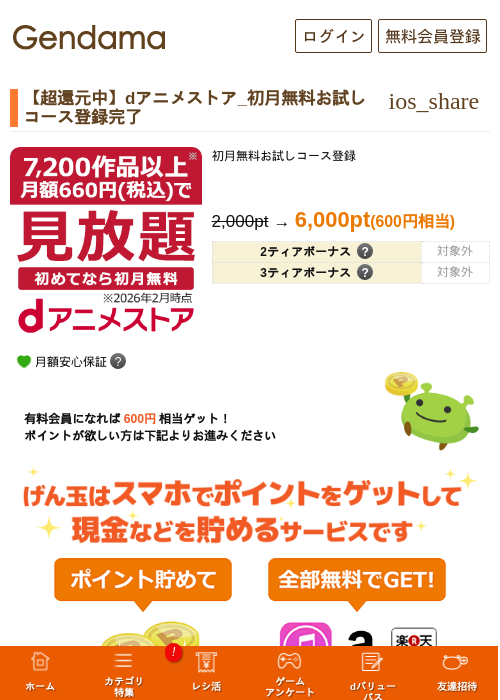 【超還元中】dアニメストア_初月無料お試しコース登録完了の掲載記録画像（げん玉・2026年7月9日）