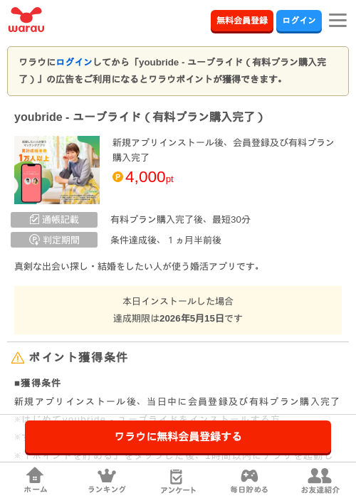 youbride - ユーブライド（有料プラン購入完了）の過去最高画像（ワラウ・2026年5月15日）