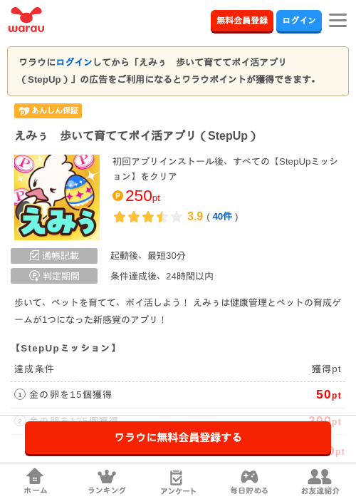えみぅ　歩いて育ててポイ活アプリ（StepUp）の過去最高画像（ワラウ・2026年5月15日）