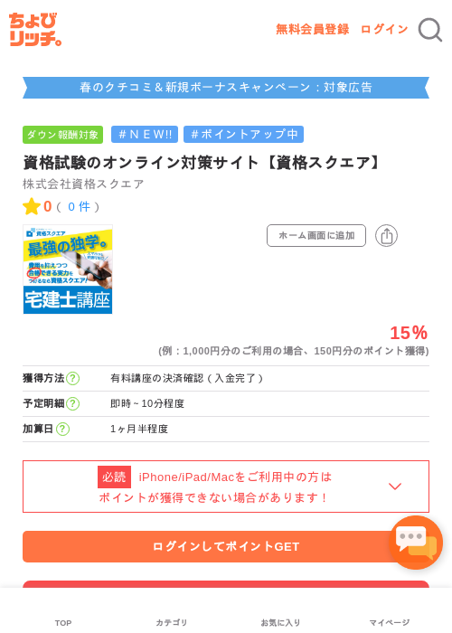 資格試験のオンライン対策サイト【資格スクエア】の過去最高画像（ちょびリッチ・2026年5月15日）