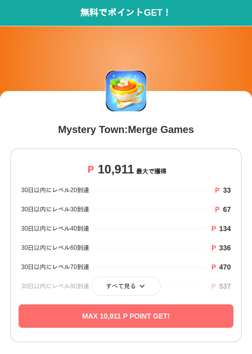 Mystery Town:Merge Gamesの過去最高画像（モッピー（SKYFLAG）・2026年5月17日）