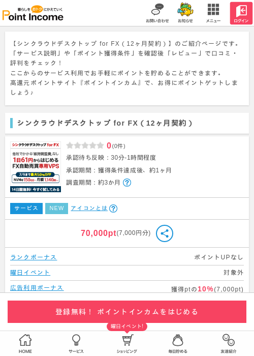 シンクラウドデスクトップ for FX（12ヶ月契約）の過去最高画像（ポイントインカム・2026年5月16日）