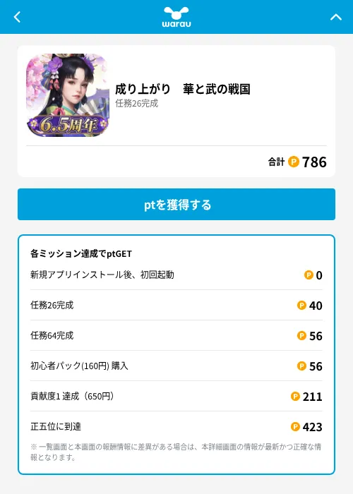 成り上がり　華と武の戦国の掲載記録画像（ワラウ（GF Rewards）・2026年6月19日）