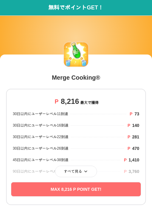 Merge Cooking®の過去最高画像（モッピー（SKYFLAG）・2026年5月22日）