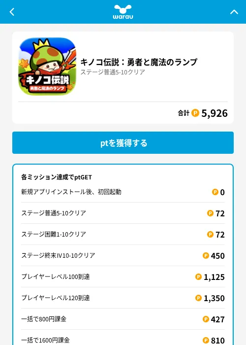 キノコ伝説：勇者と魔法のランプの掲載記録画像（ワラウ（GF Rewards）・2026年6月19日）