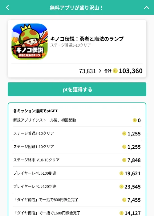 キノコ伝説：勇者と魔法のランプの掲載記録画像（げん玉（GF Rewards）・2026年6月21日）