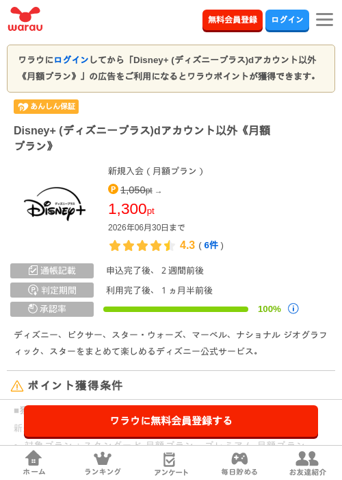 Disney+ (ディズニープラス)dアカウント以外《月額プラン》の過去最高画像（ワラウ・2026年6月1日）