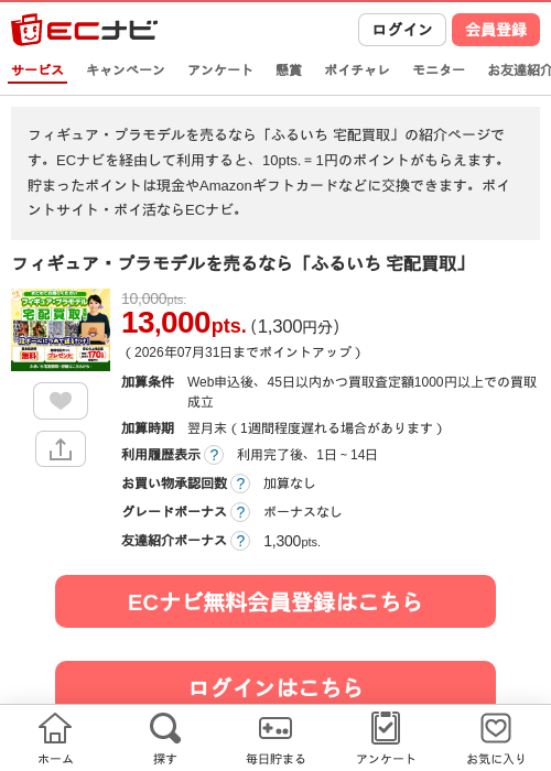 フィギュア・プラモデルを売るなら「ふるいち 宅配買取」の掲載記録画像（ECナビ・2026年7月1日）