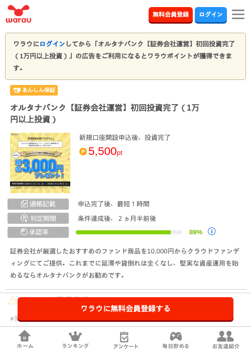 オルタナバンク【証券会社運営】初回投資完了（1万円以上投資）の過去最高画像（ワラウ・2026年6月4日）