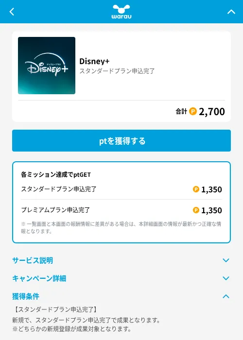 Disney+の掲載記録画像（ワラウ（GF Rewards）・2026年7月1日）