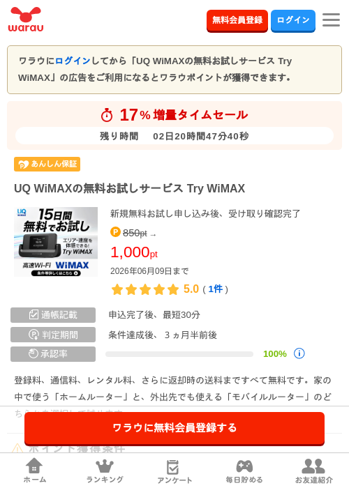UQ WiMAXの無料お試しサービス Try WiMAXの過去最高画像（ワラウ・2026年6月7日）