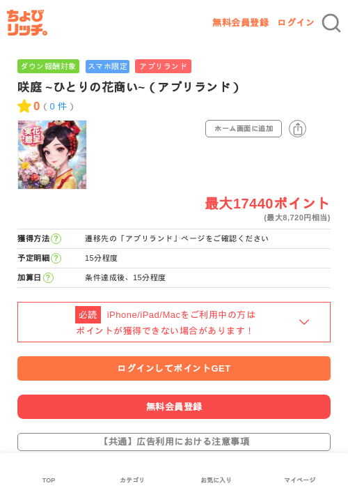 咲庭 ~ひとりの花商い~（アプリランド）の掲載記録画像（ちょびリッチ・2026年6月10日）