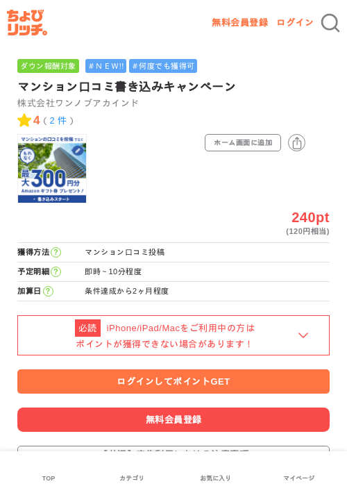 マンション口コミ書き込みキャンペーンの過去最高画像（ちょびリッチ・2026年6月10日）