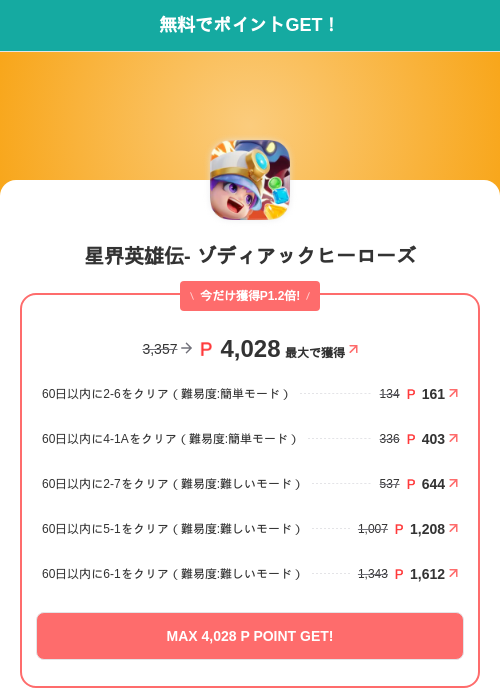 星界英雄伝- ゾディアックヒーローズの掲載記録画像（モッピー（SKYFLAG）・2026年6月16日）